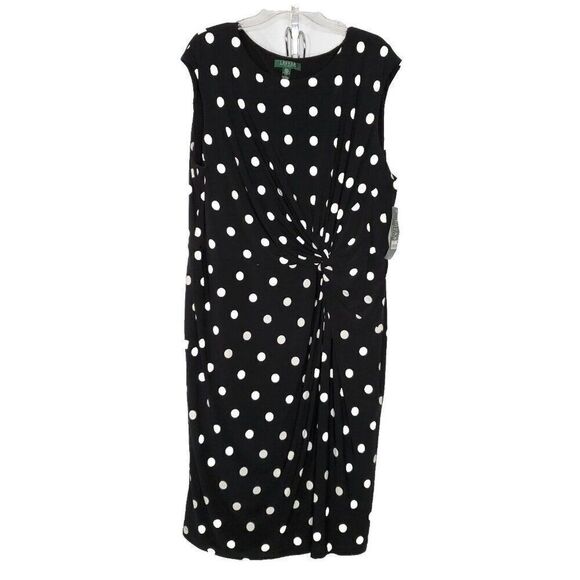 NEW Lauren Ralph Lauren Sleeveless Dress 22W Black White Polka Dot Faux Wrap - Picture 1 of 6